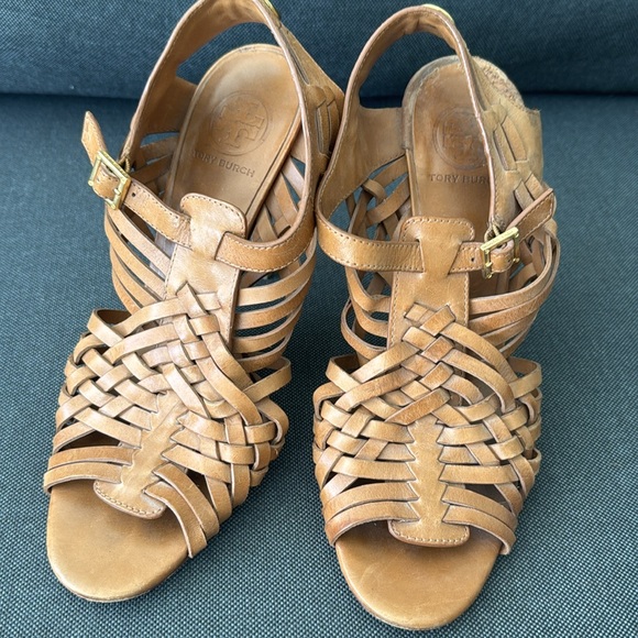 Tory Burch Leather Woven Heels Size 9| Natural Designer Tan Gladiator - Picture 4 of 10